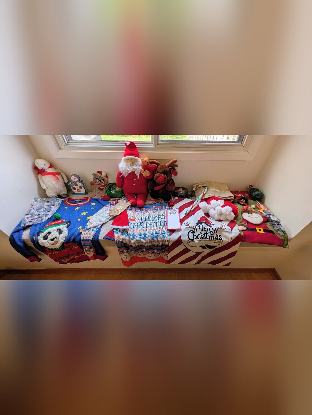 Assorted Christmas Decor and Holiday Sweaters